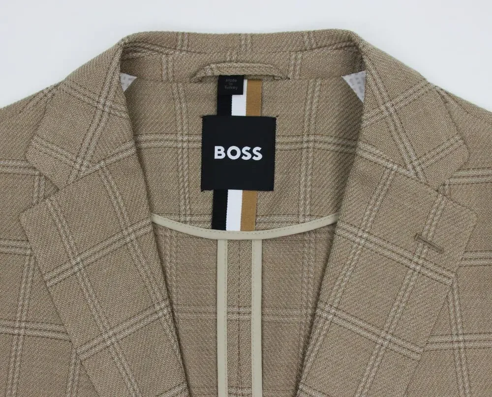 Hugo Boss Hanry Blazer Mens 46 R Brown Windowpane Stretch Wool Cotton Sport Coat